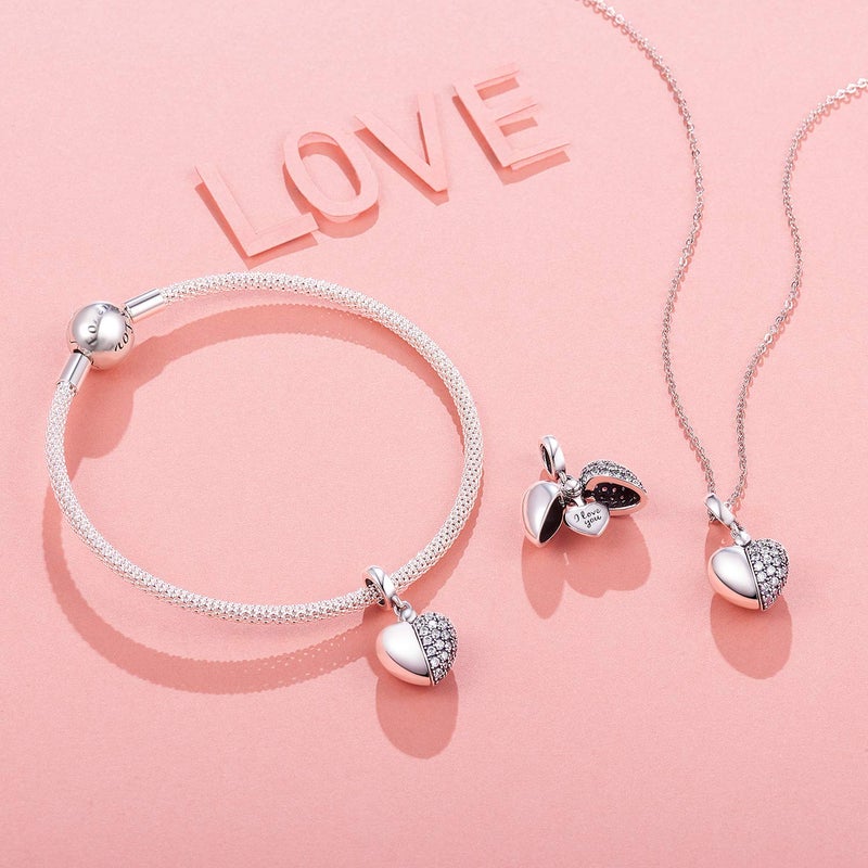 NINGAN â€œI Love Youâ€ White Love Heart Dange Charm 925 Sterling Silver Pendant Beads fit Bracelets & Necklaces, Birthday Gift for Women - Image 1